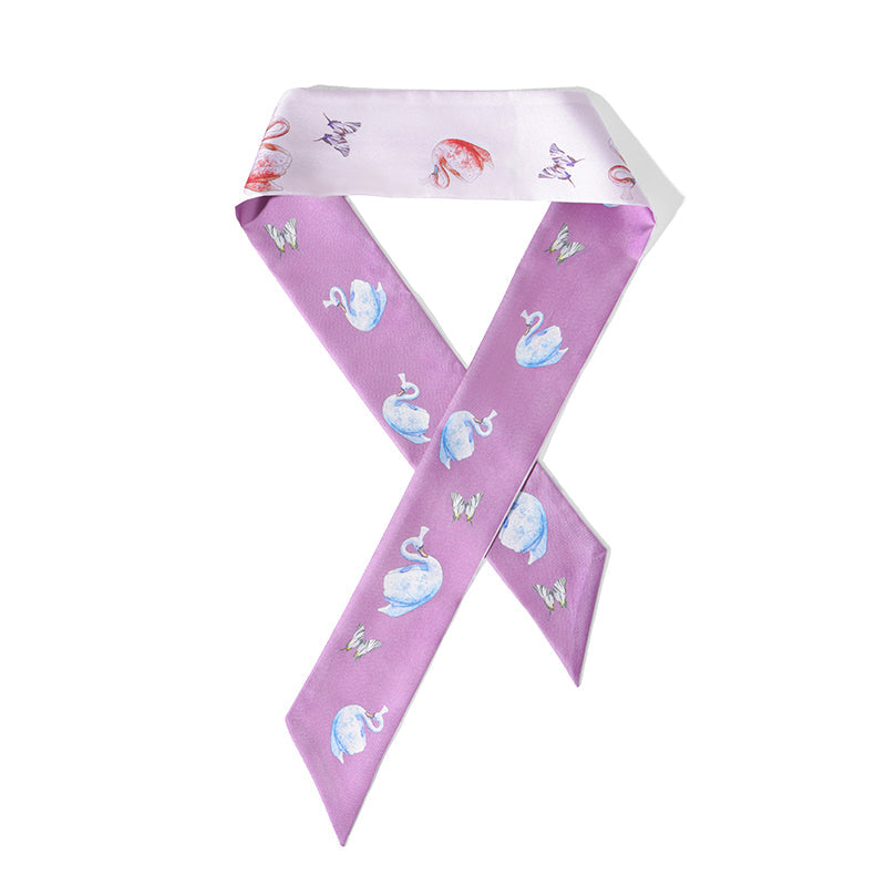 Purple Butterflies & Scarlet Geese Silk Ribbon | Elegant Printed Silk Twilly