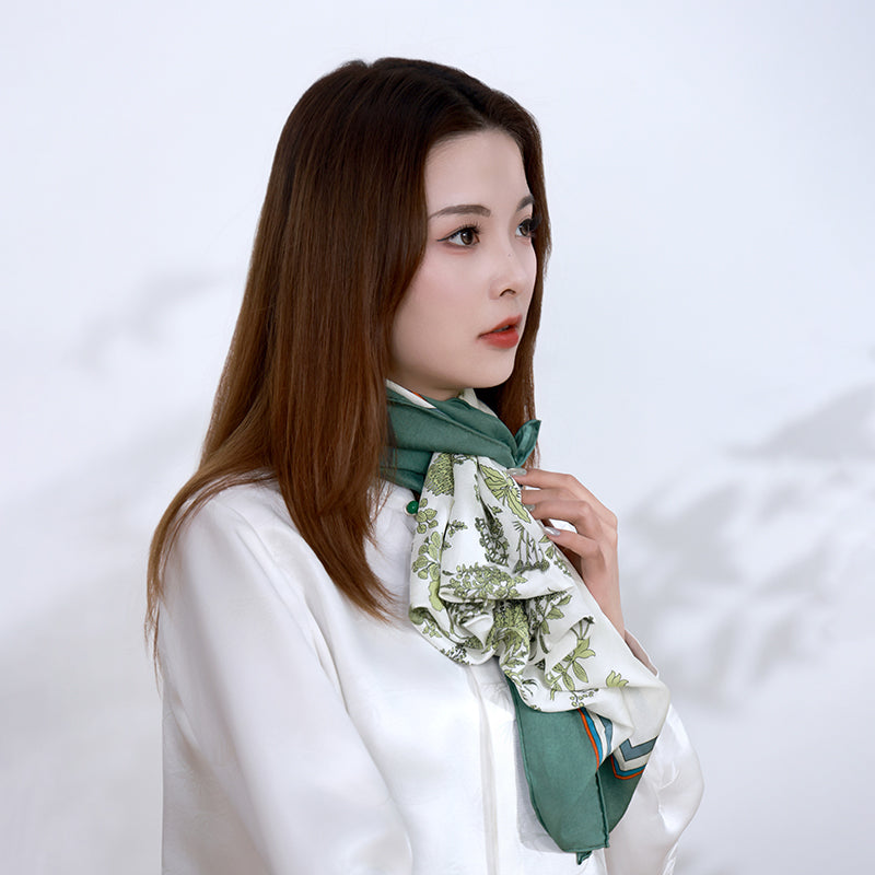 Striped Plant-Inspired Square Mulberry Silk Scarf/ Head Scarf/ Hair Scarf