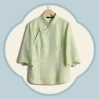 Women's Green Silk Luo Wide-Sleeve Top with Vines and Floral Shadows