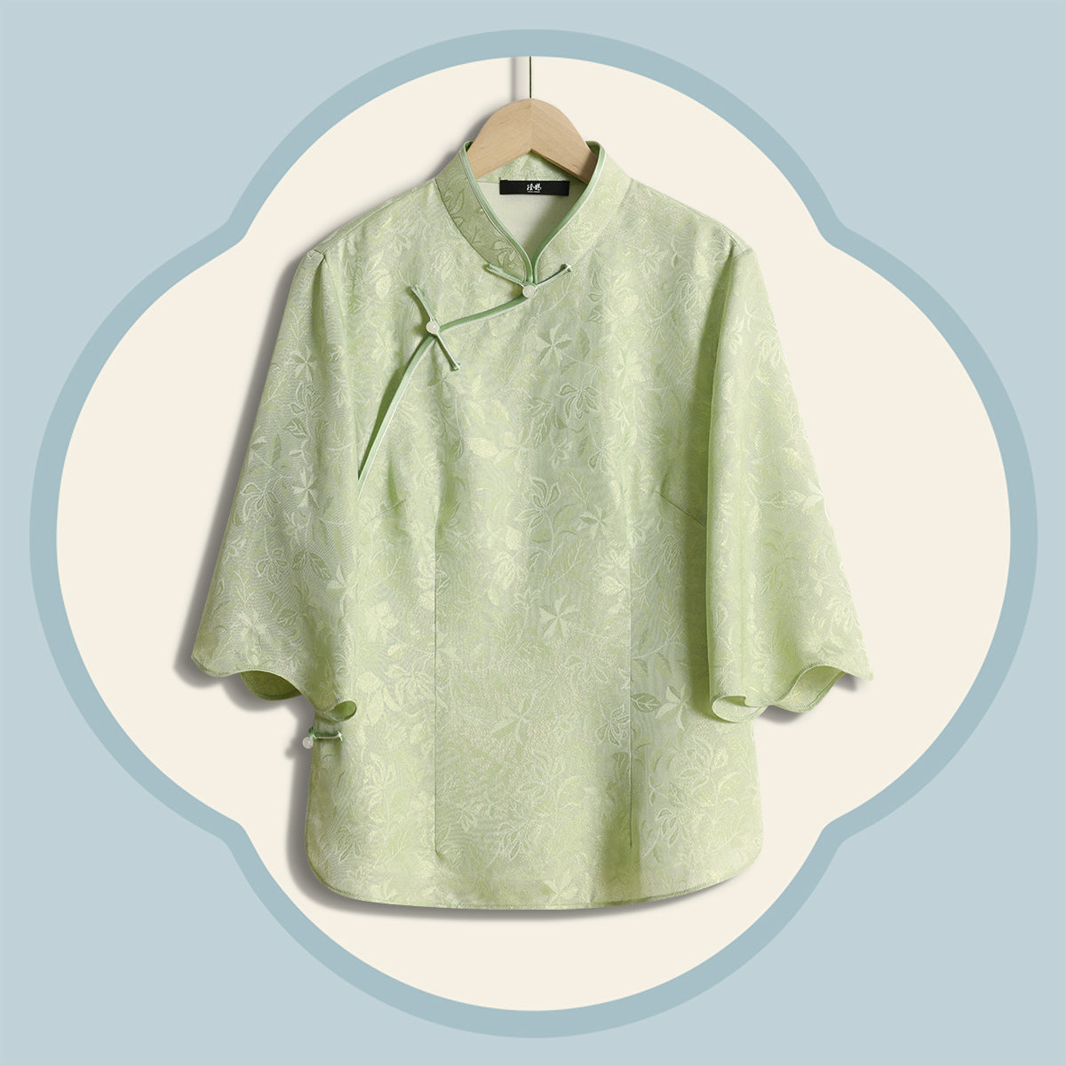 Women's Green Silk Luo Wide-Sleeve Top with Vines and Floral Shadows