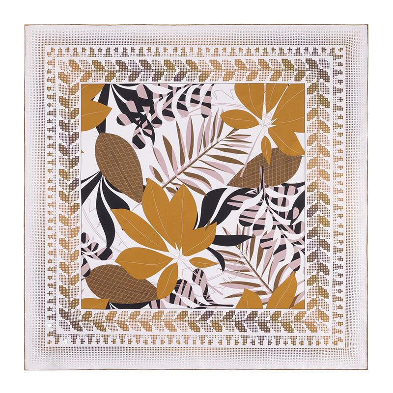 Blue Island Golden Palm Leaf Shadow Square Mulberry Silk Scarf/ Head Scarf/ Neck Scarf
