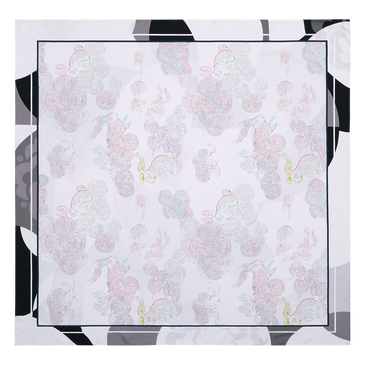 Spirit Rabbit Among the Clouds Silk Hair Scarf/ Silk Head Scarf/ Silk Neck Scarf for Women