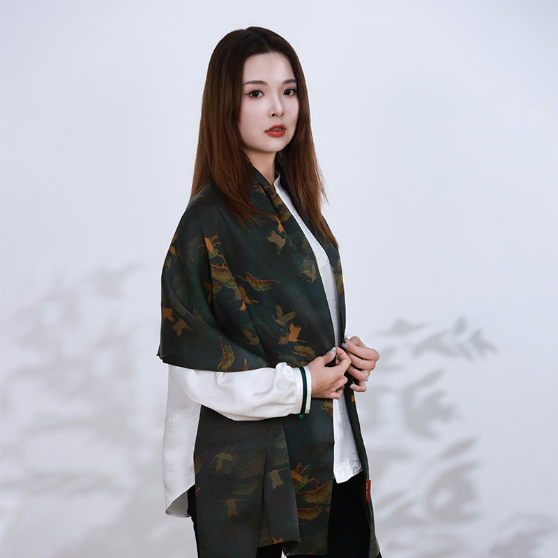 Pine and Crane Xiangyunsha Mulberry Silk Scarf and Shawl