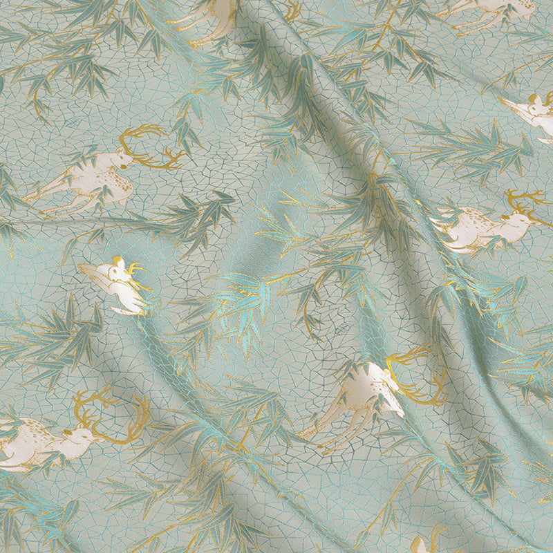 Deer and Bamboo in Harmony (Blue Gold Waving) Song Brocade Fabric