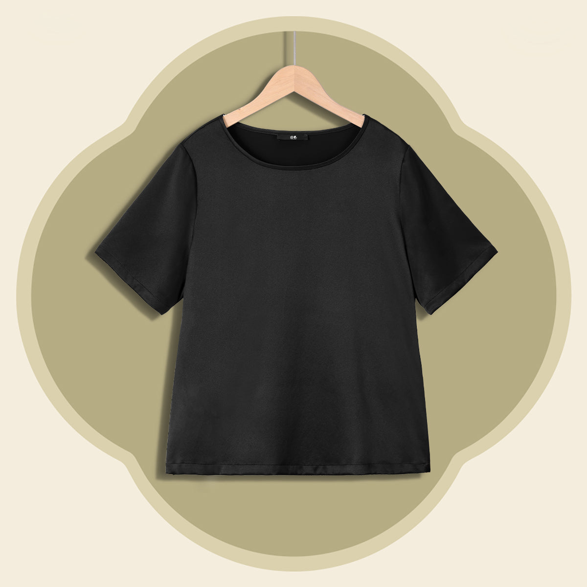 Black Silk Heavy Satin Short-Sleeve Top