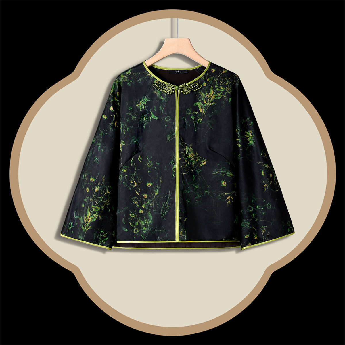 Black Based with Intertwined Green Plants Wide-sleeved Top