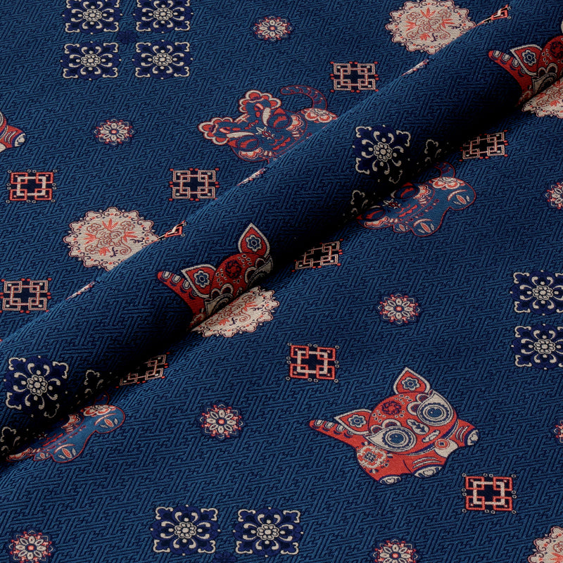 Auspicious Tigers and Reishi Mushrooms (Dark Blue) Song Brocade Fabric