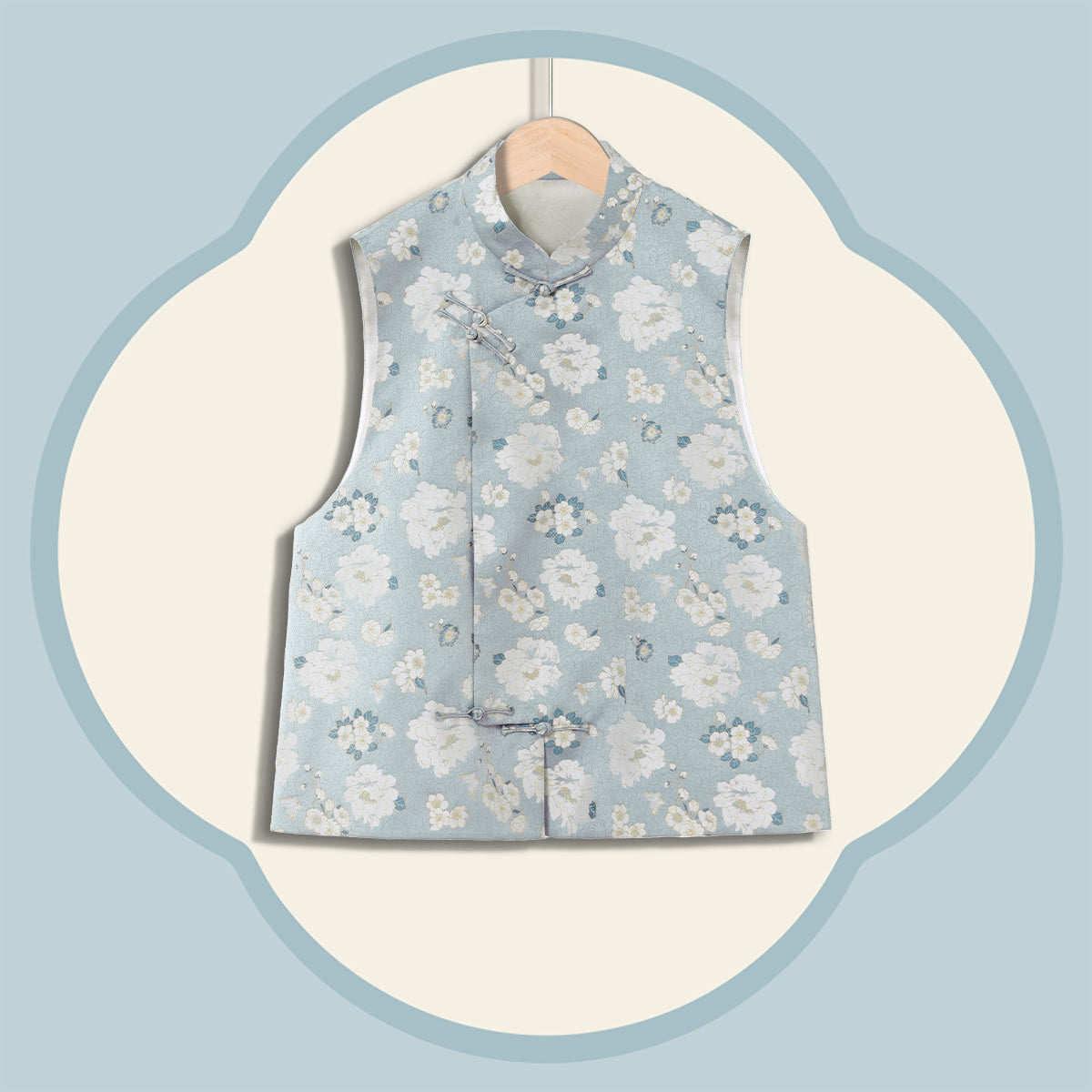 Gray-Based Butterfly Camellia Stand-up Pipa- Style Collar Vest