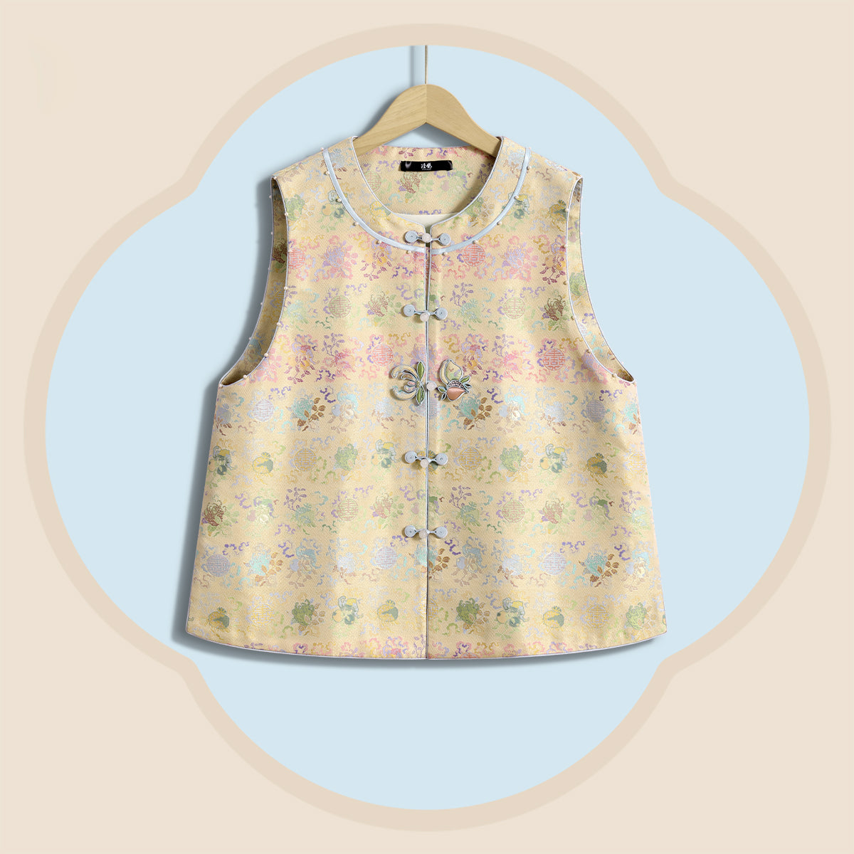 Warm Jade-Gold Song Brocade Vest - Ancient Coins & the Three Abundances