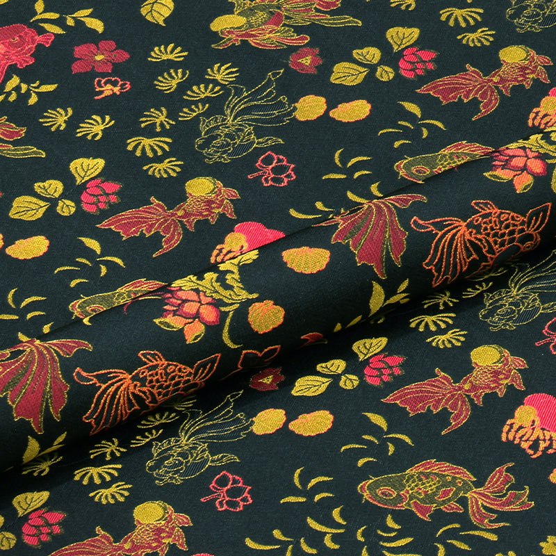 Alga and Goldfish Pattern(Black Gold Waving) Song Brocade Fabric