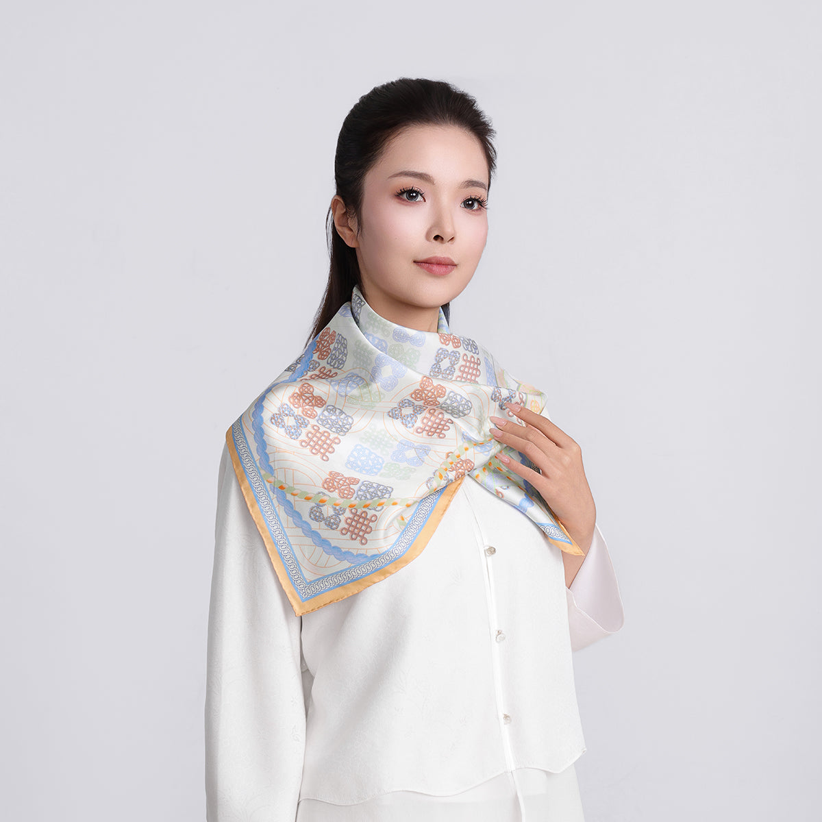 (Orange edged) Blessings Through Knot-Tying Silk Head Scarf/ Neck Scarf/ Hair Scarf