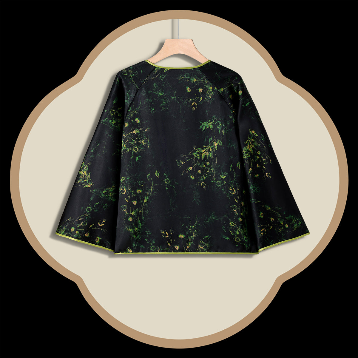 Black Based with Intertwined Green Plants Wide-sleeved Top