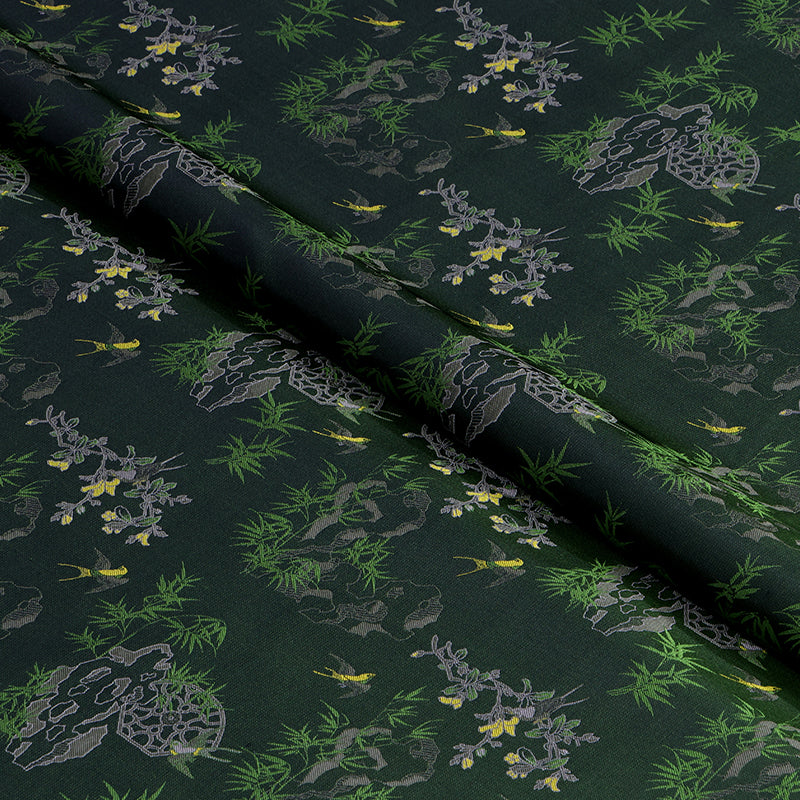 Birdsong in the Spring Mountains (Dark Green Base) Song Brocade Fabric