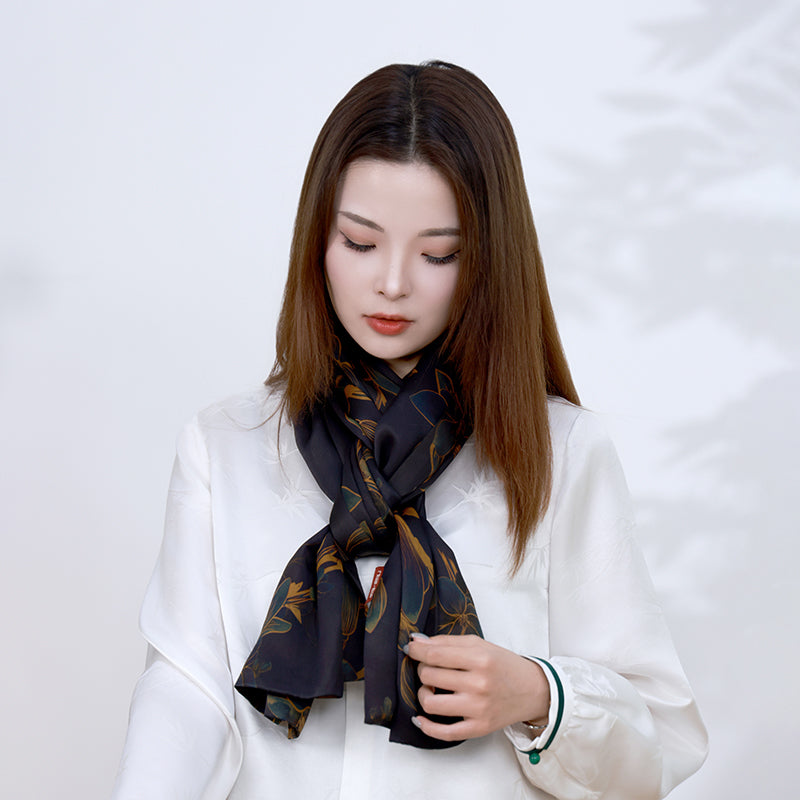 Dark Purple Floral Xiangyunsha Mulberry Silk Scarf and Shawl