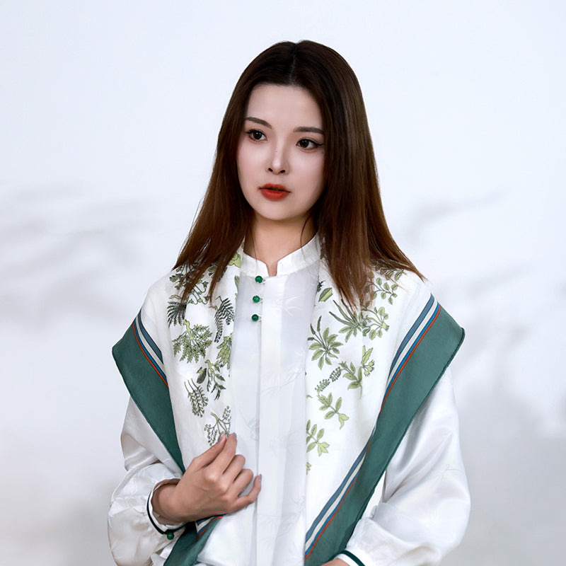 Striped Plant-Inspired Square Mulberry Silk Scarf/ Head Scarf/ Hair Scarf