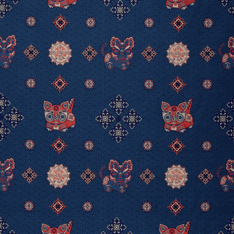 Auspicious Tigers and Reishi Mushrooms (Dark Blue) Song Brocade Fabric