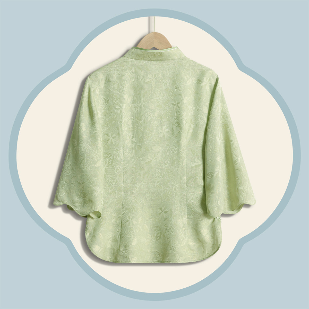 Women's Green Silk Luo Wide-Sleeve Top with Vines and Floral Shadows
