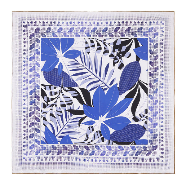 Blue Island Golden Palm Leaf Shadow Square Mulberry Silk Scarf/ Head Scarf/ Neck Scarf