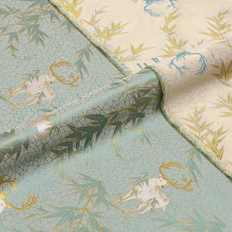 Deer and Bamboo in Harmony (Blue Gold Waving) Song Brocade Fabric
