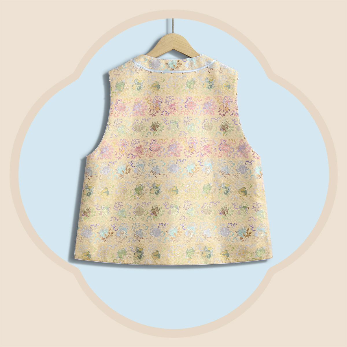 Warm Jade-Gold Song Brocade Vest - Ancient Coins & the Three Abundances