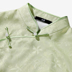 Women's Green Silk Luo Wide-Sleeve Top with Vines and Floral Shadows