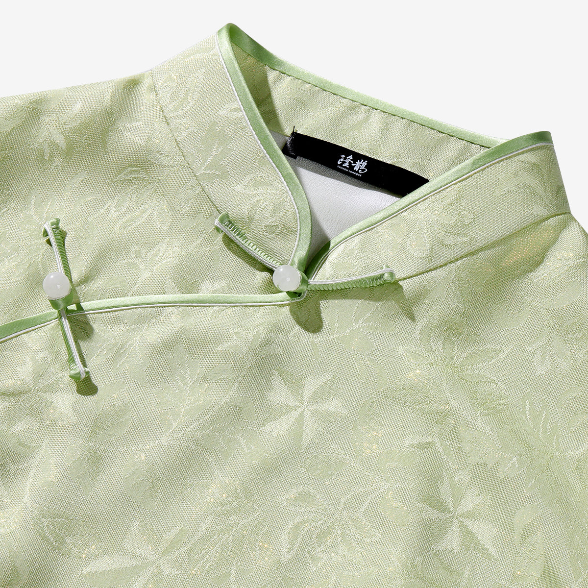 Women's Green Silk Luo Wide-Sleeve Top with Vines and Floral Shadows