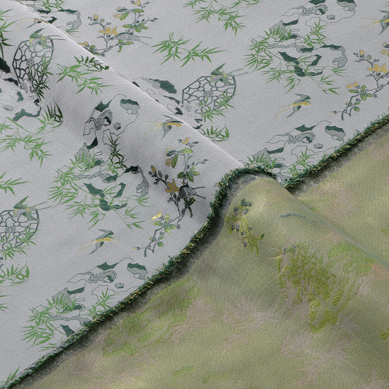 Birdsong in the Spring Mountains (Gray Green Base) Song Brocade Fabric