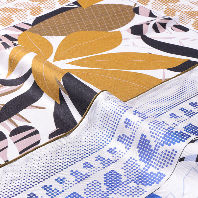 Blue Island Golden Palm Leaf Shadow Square Mulberry Silk Scarf/ Head Scarf/ Neck Scarf