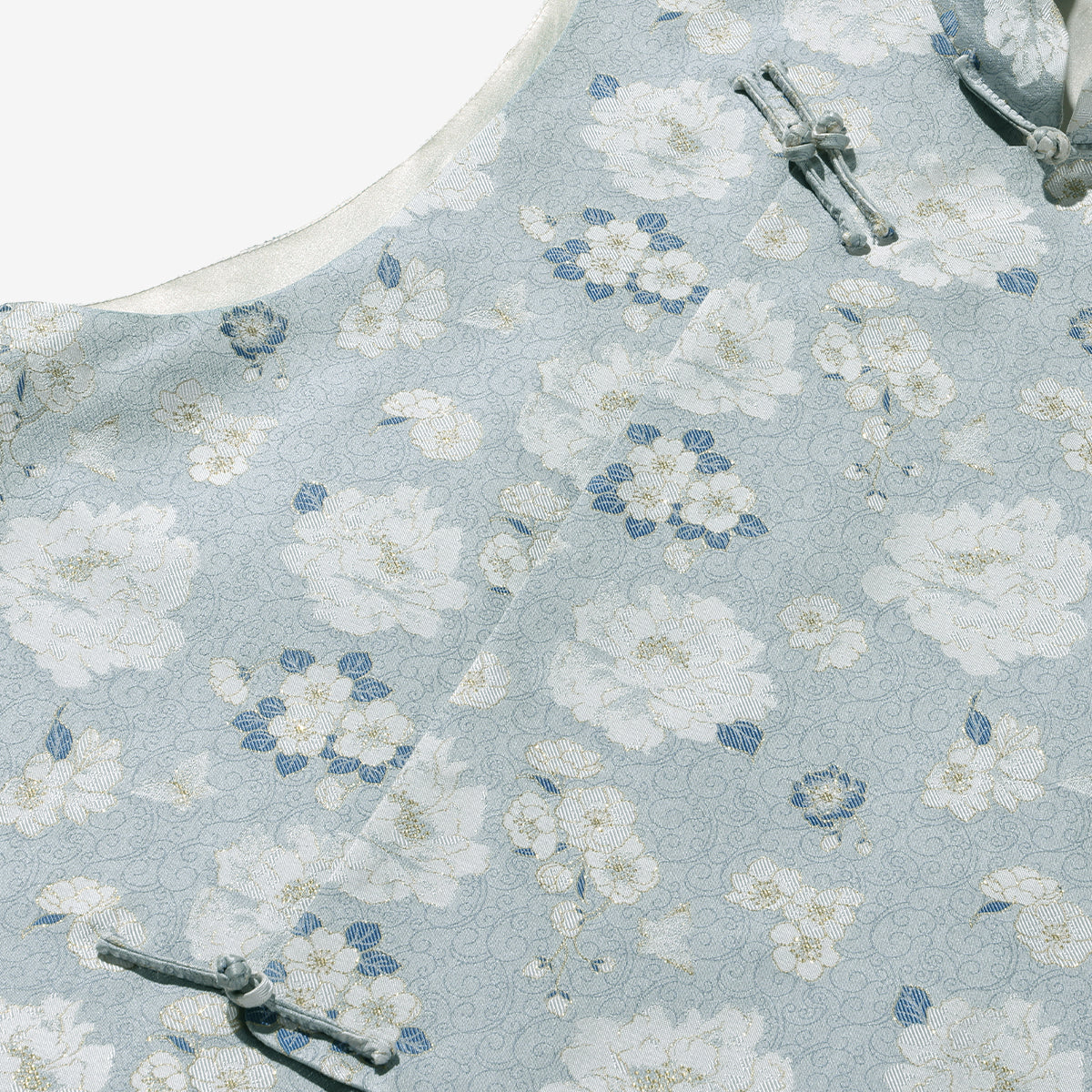 Gray-Based Butterfly Camellia Stand-up Pipa- Style Collar Vest