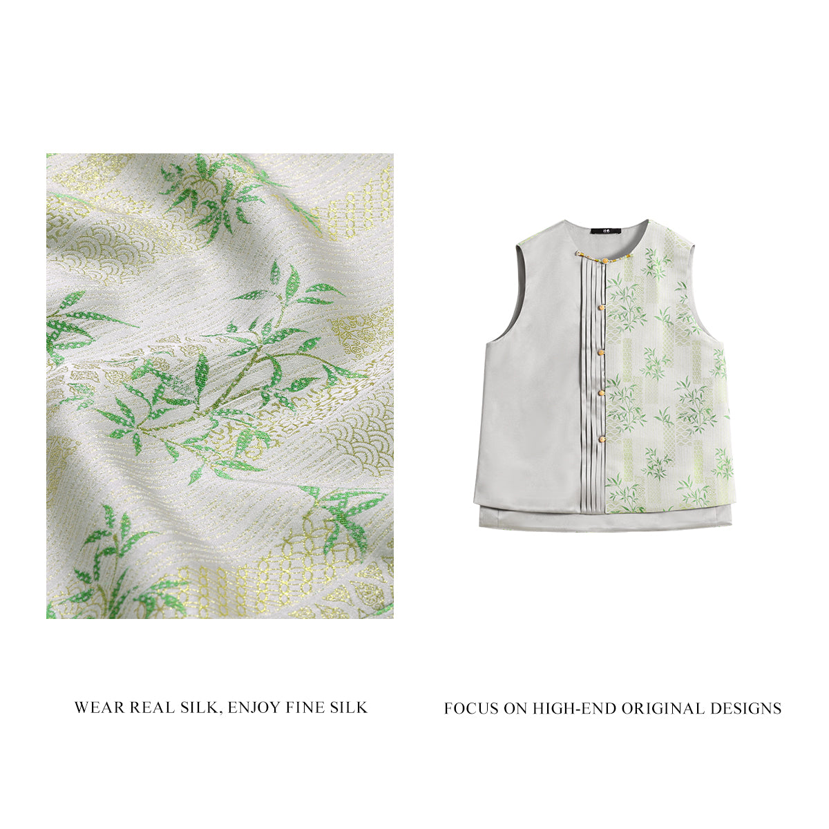 Front-Opening Song Brocade Silk Vest - Wind and Polygonatum Odoratum (Green)