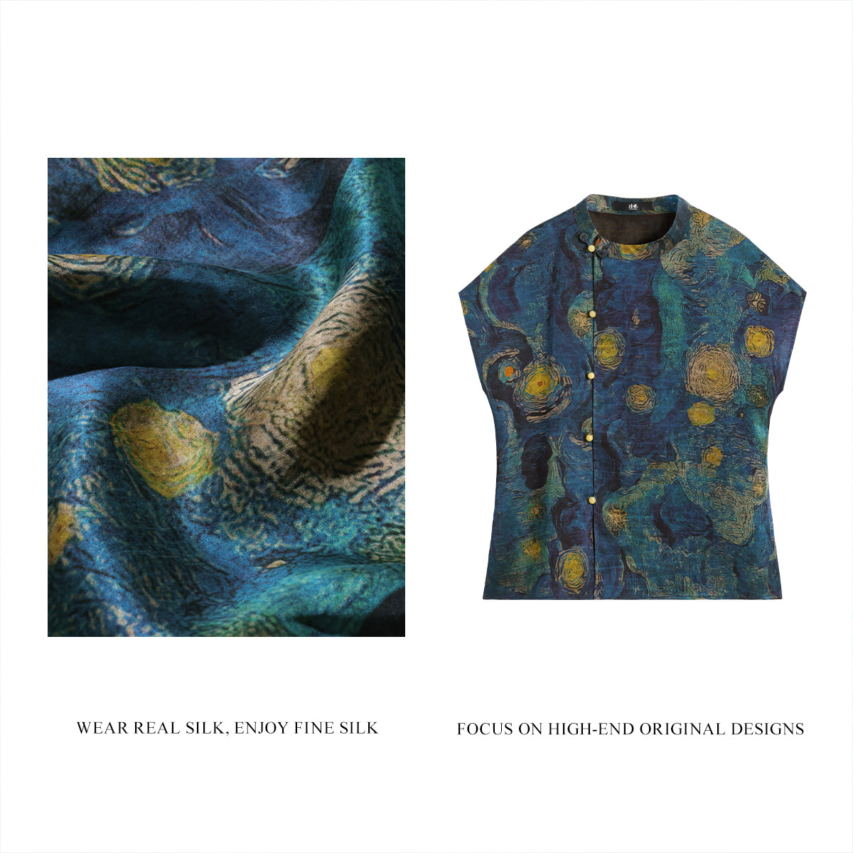 Xiangyunsha Silk Flutter-Sleeve Top - Blue Starry Sky