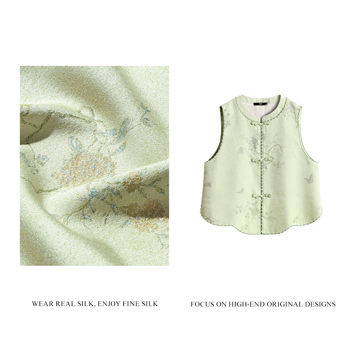 Luminous Gold Front-Opening Song Brocade Vest - Hibiscus&Butterflies