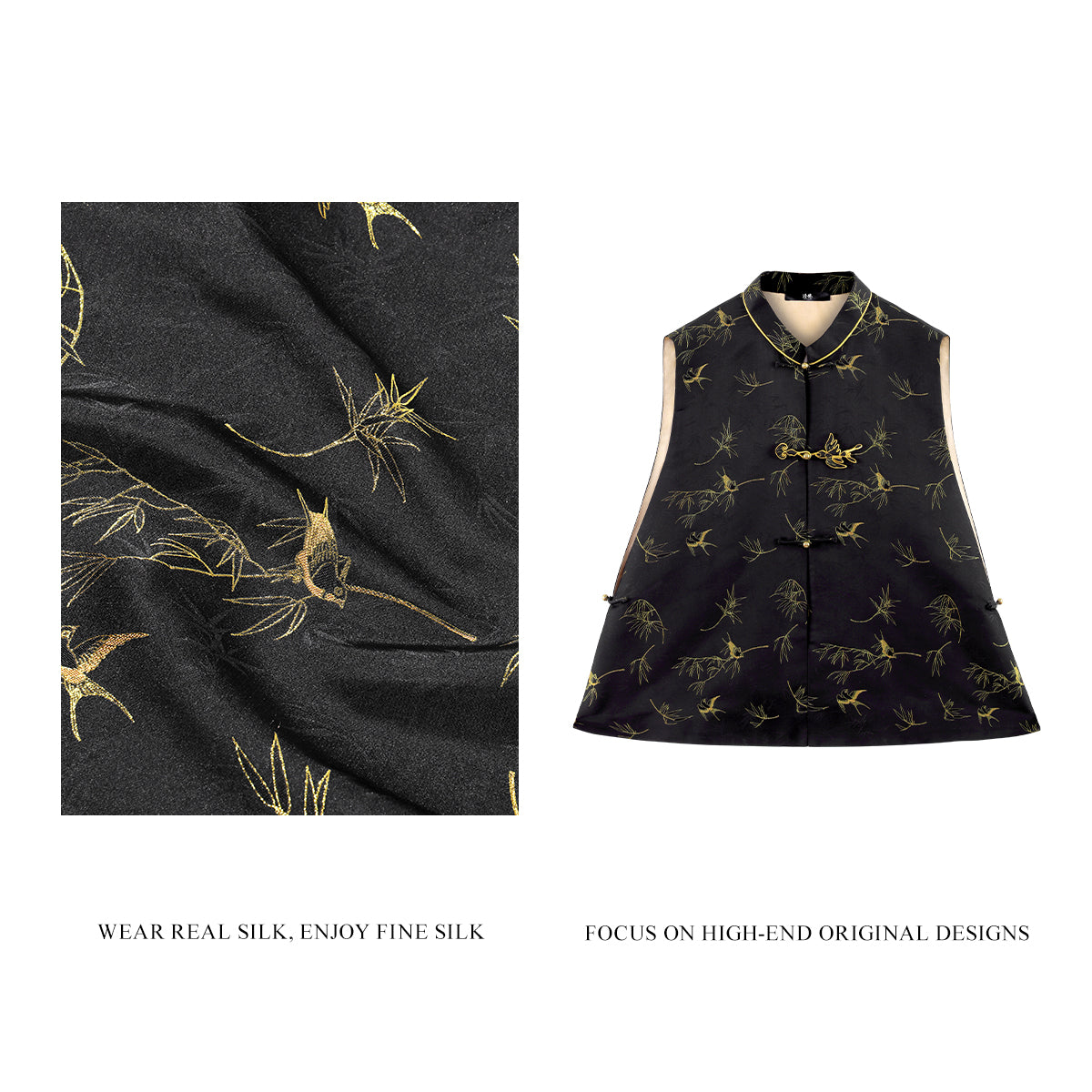 Bamboo and Swallows in Spring Sunshine (Black) Front-opening Vest