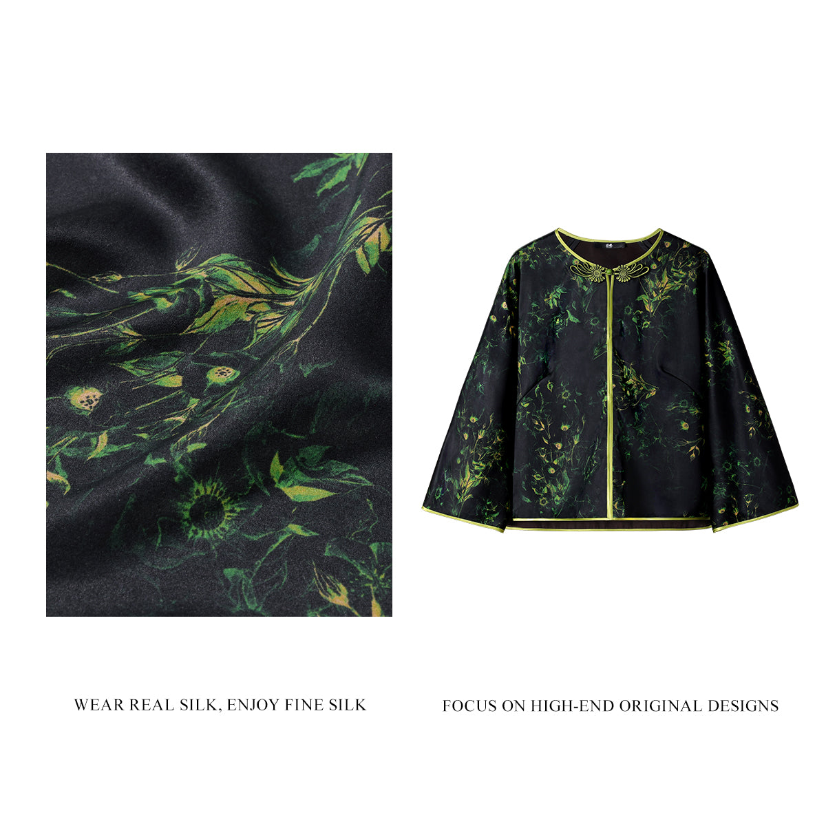 Black Based with Intertwined Green Plants Wide-sleeved Top