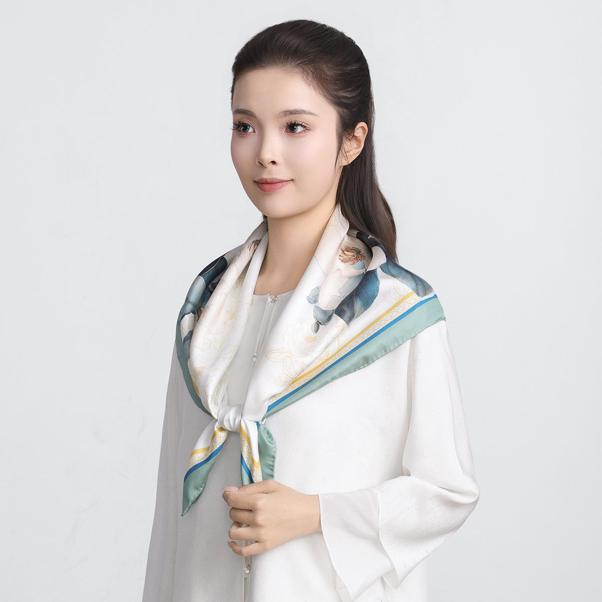 Fragrance of the Blue Magnolia Mulberry Square Silk Scarf for Women