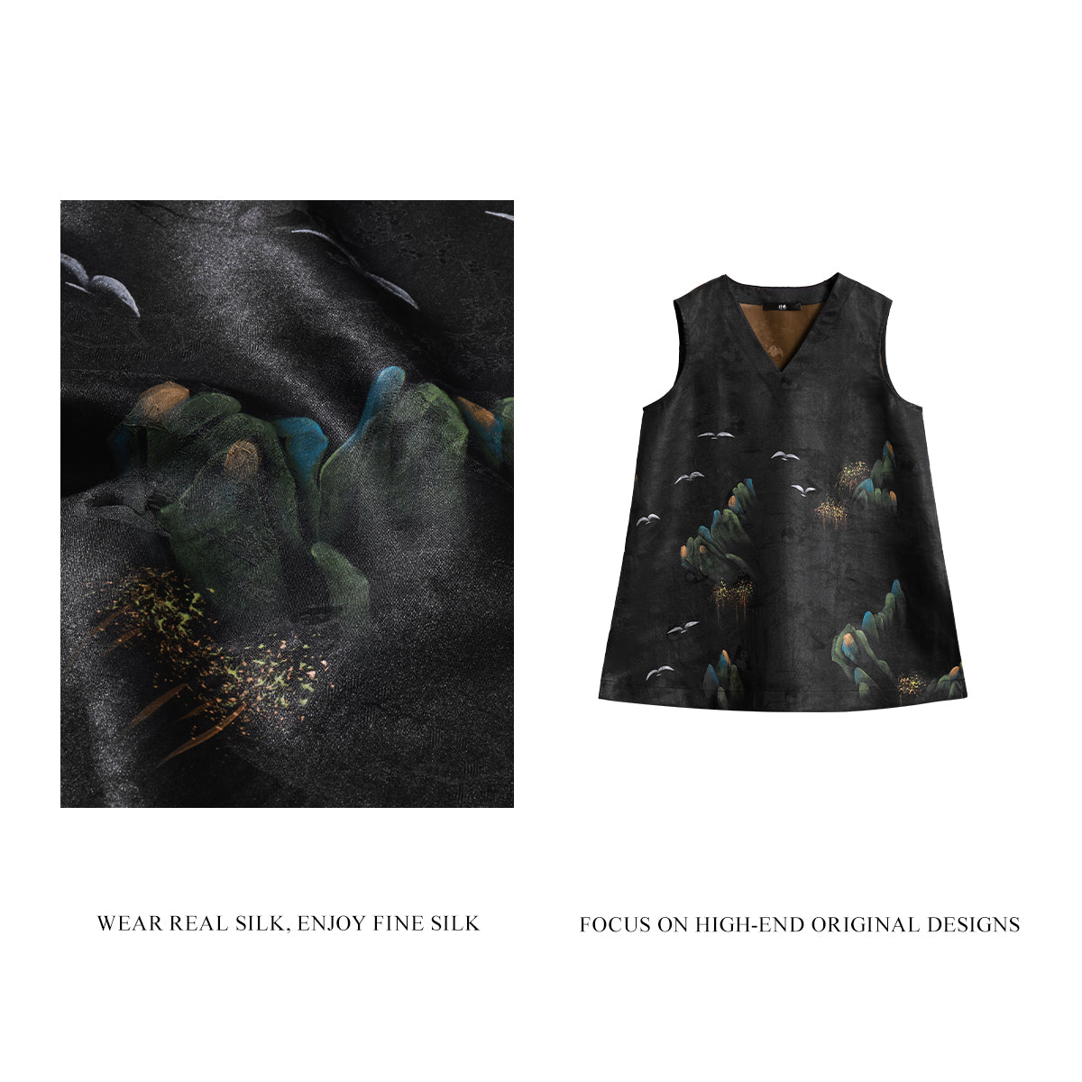 Long Xiangyunsha Silk Vest - Azure Peaks & Crane Whispers