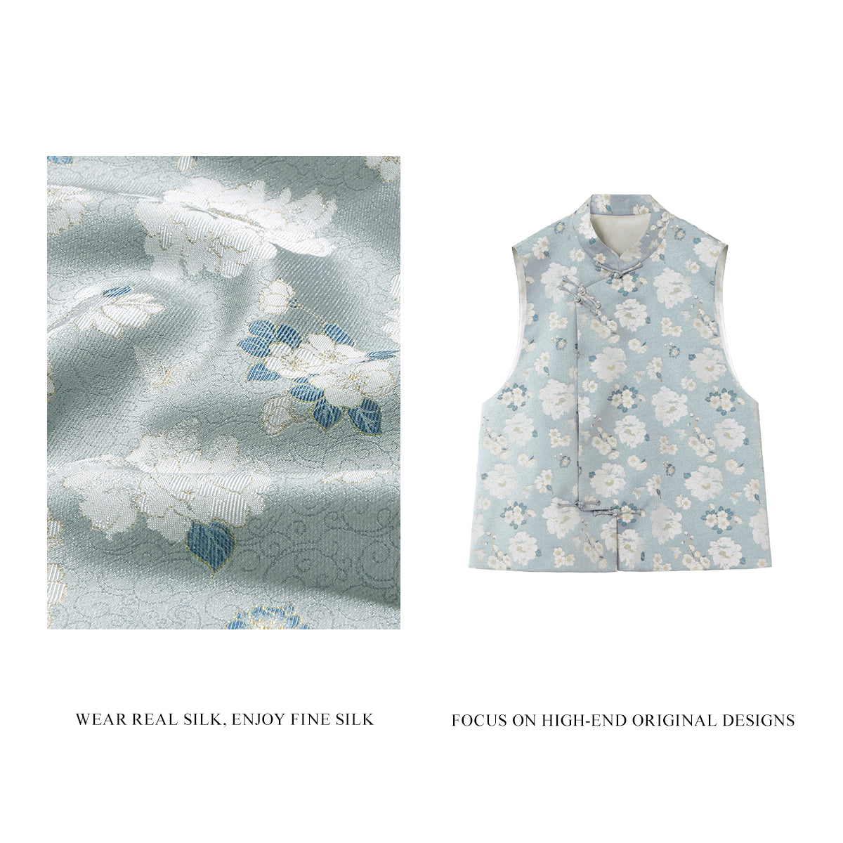 Gray-Based Butterfly Camellia Stand-up Pipa- Style Collar Vest