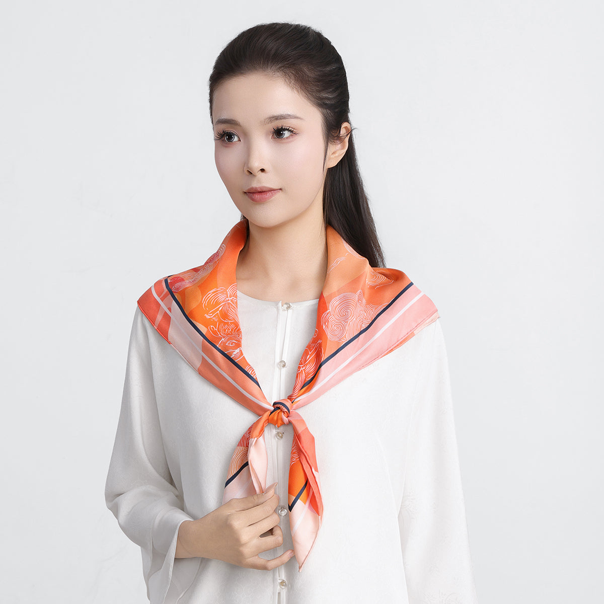 Spirit Rabbit Among the Clouds Silk Hair Scarf/ Silk Head Scarf/ Silk Neck Scarf for Women