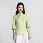 Women's Green Silk Luo Wide-Sleeve Top with Vines and Floral Shadows