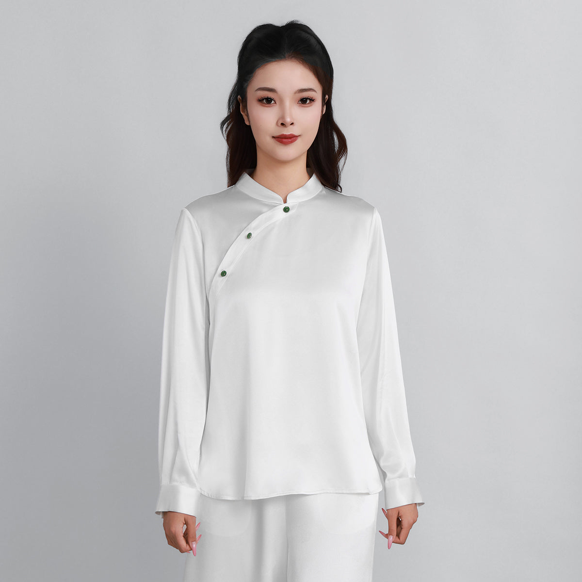 White Heavy Satin Side-fastening Blouse