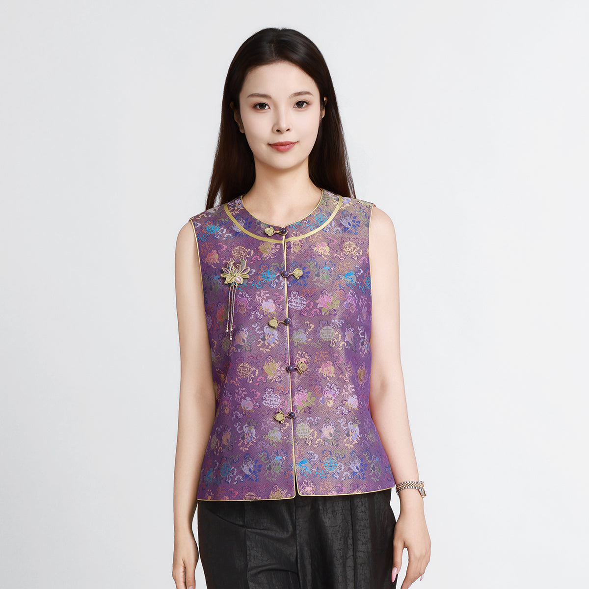 Purple Gold Song Brocade Vest - Ancient Coins & the Three Abundances