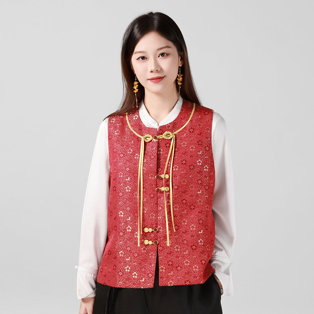 Red Ice-Crack Plum Blossom Song Brocade Silk Vest