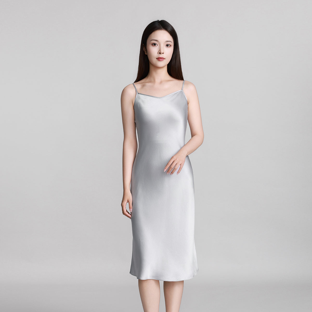 Silver Gray Silk Crepe Satin Cami Dress