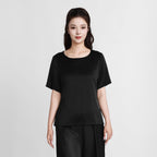 Black Silk Heavy Satin Short-Sleeve Top