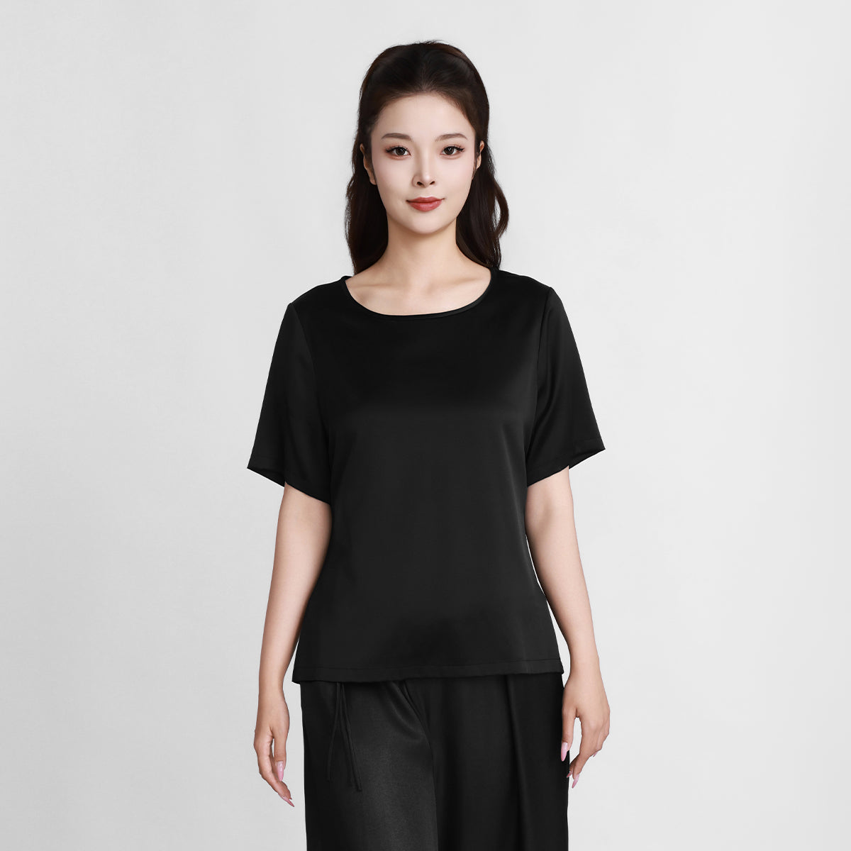 Black Silk Heavy Satin Short-Sleeve Top