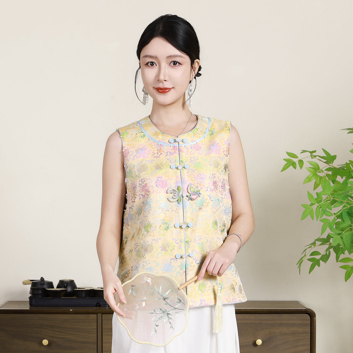 Warm Jade-Gold Song Brocade Vest - Ancient Coins & the Three Abundances
