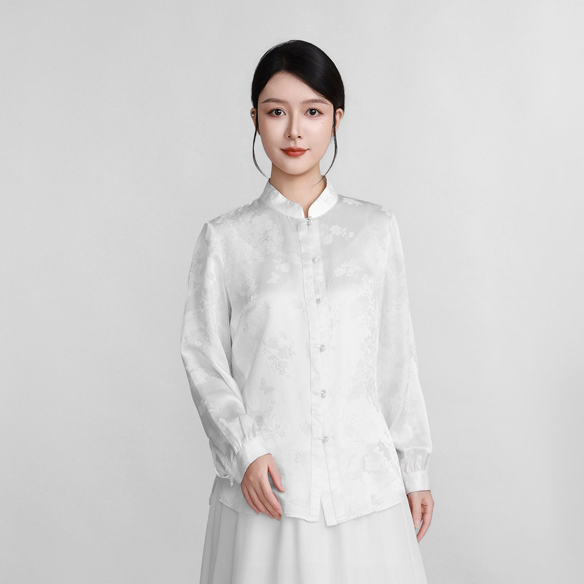 Camellia and Butterfly Jacquard Satin Shirt