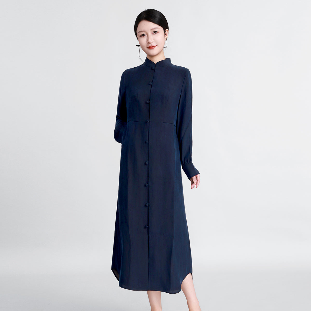Dark Blue Plain Crepe Satin Xiangyunsha Dress