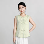 Luminous Gold Front-Opening Song Brocade Vest - Hibiscus&Butterflies