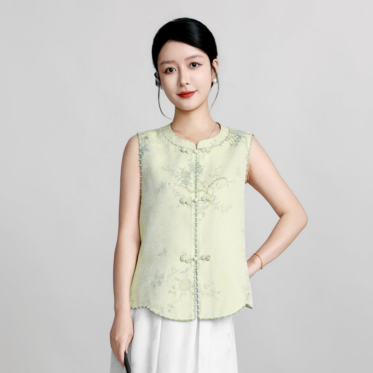 Luminous Gold Front-Opening Song Brocade Vest - Hibiscus&Butterflies